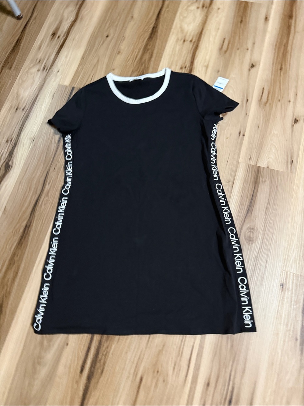 Calvin Klein Black Tee Dress with White Neckline and Side Logo Tape